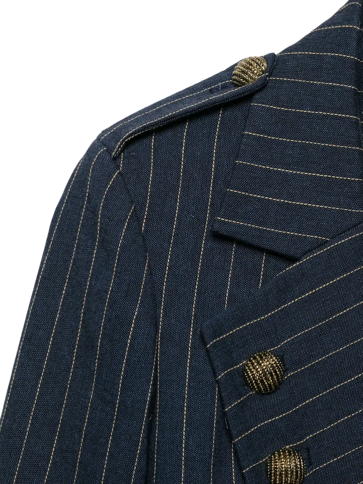 Women pinstripe double breasted blazer in navy blue with gold toned textured buttons and tailored fit