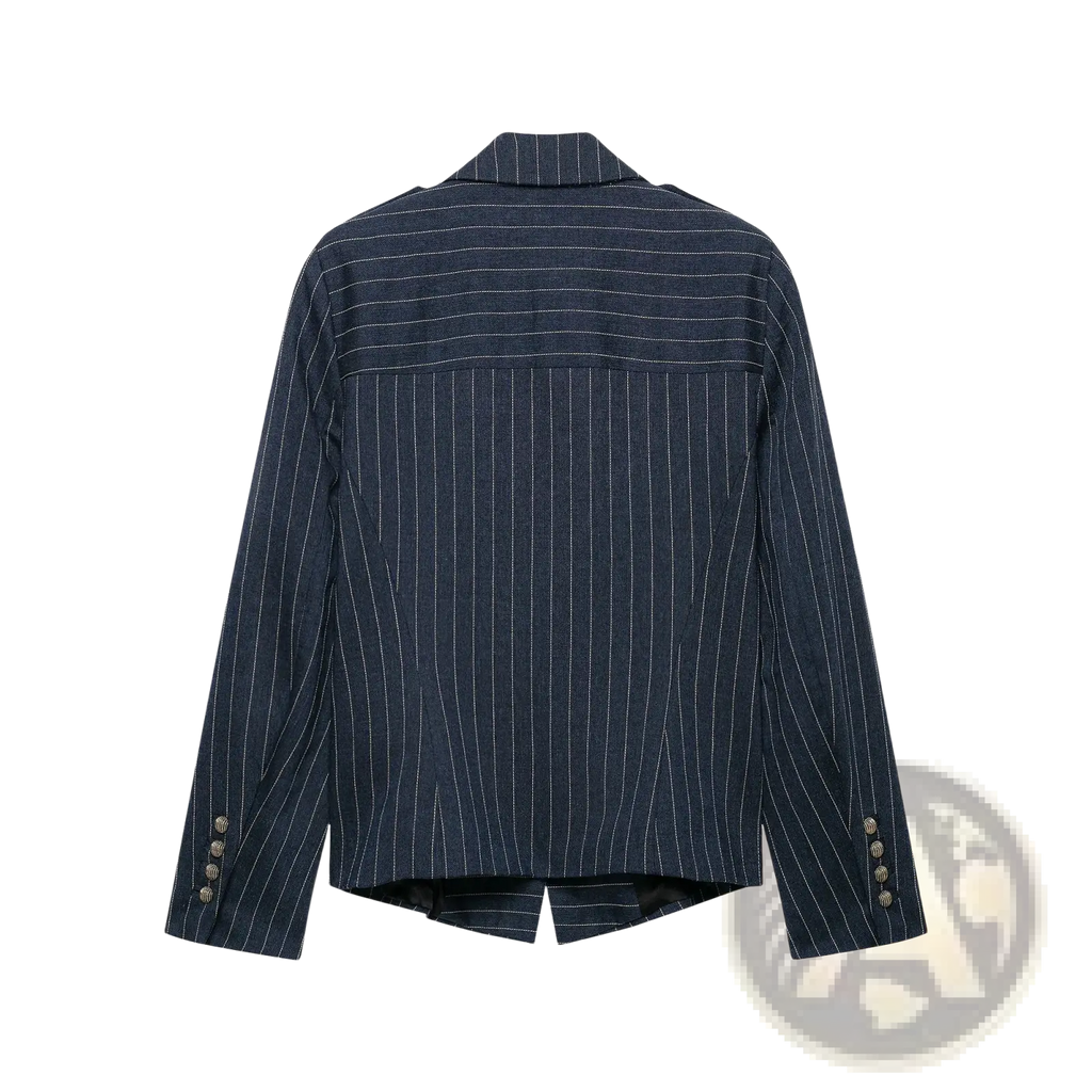 Women pinstripe double breasted blazer in navy blue with white vertical stripes and silver buttons