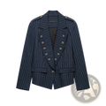 Navy blue pinstripe women double breasted blazer with gold toned buttons, tailored for formal and professional wear
