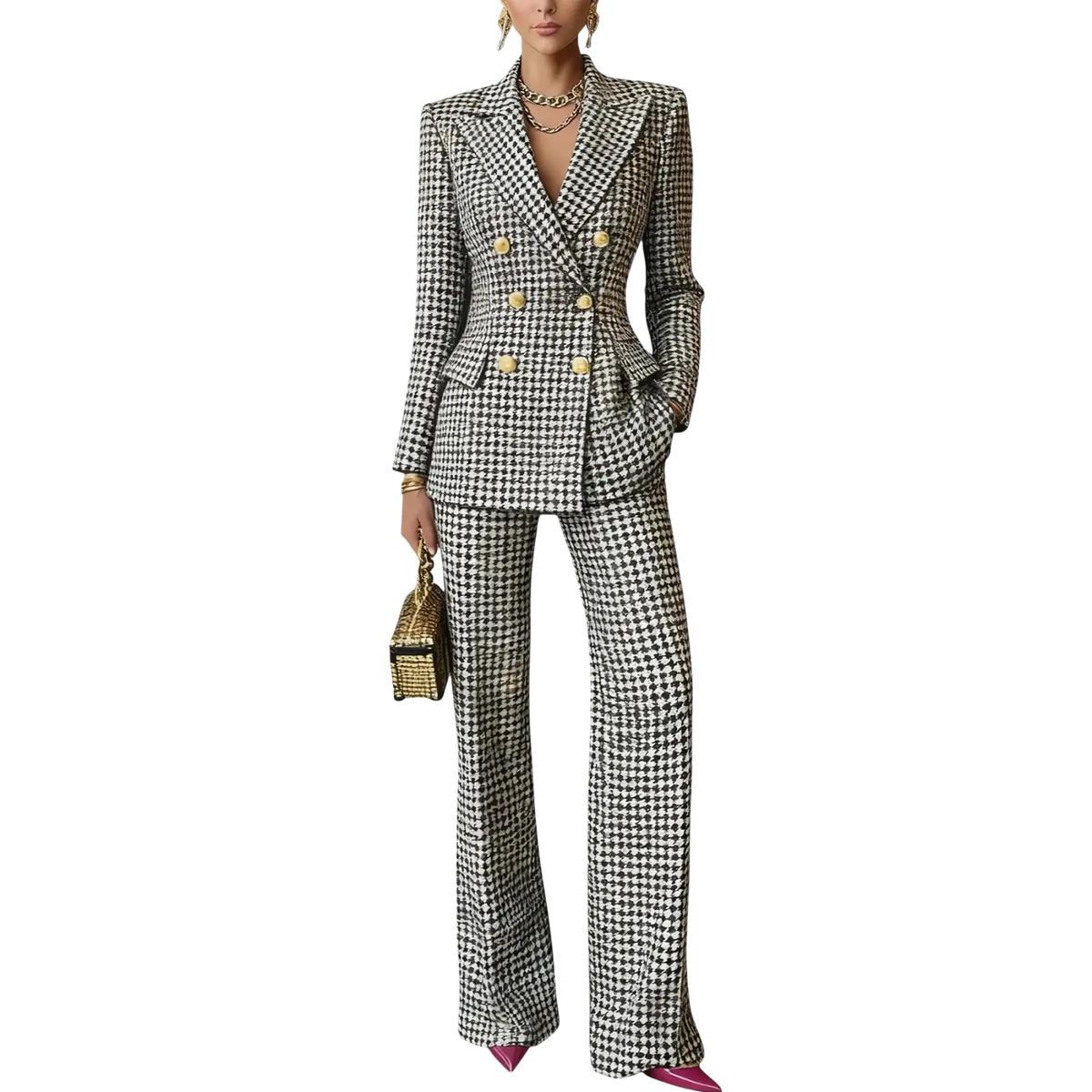 Black and white houndstooth women plaid blazer suit with double-breasted closure and synthetic fiber material