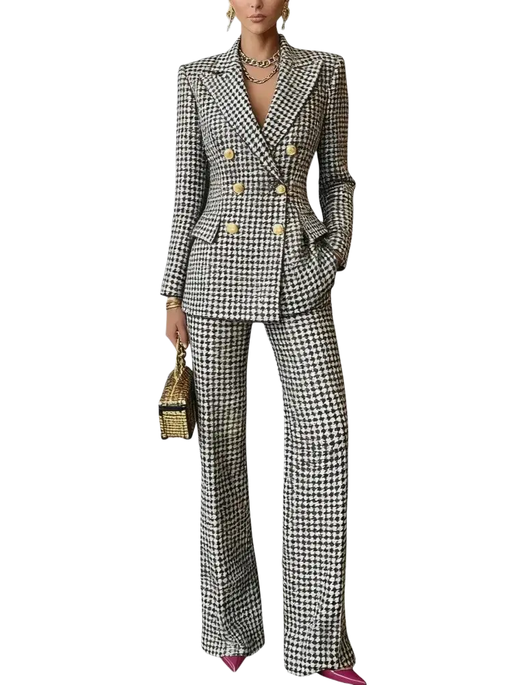 Black and white houndstooth patterned women plaid blazer pants set with gold-tone closure and synthetic fiber fabric