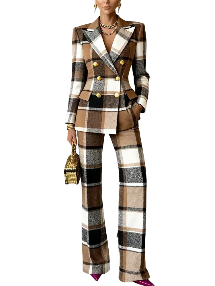 Women plaid blazer pants set featuring a brown beige black and white plaid wool blazer with gold button closure synthetic fiber