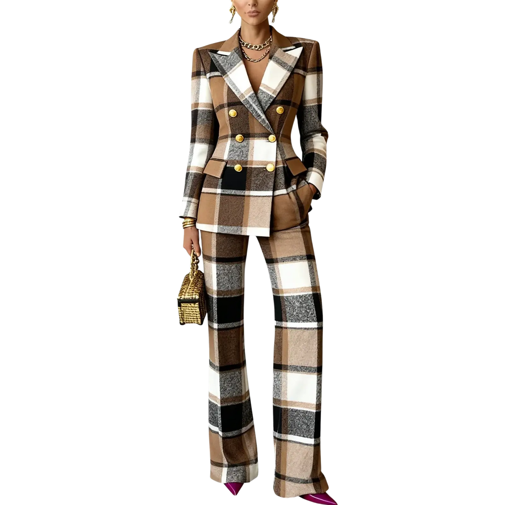 Women plaid blazer pants set in brown black and white synthetic fiber with gold button closure type and wide-leg trousers