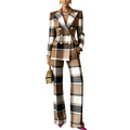 Women plaid blazer pants set in brown black and white synthetic fiber with gold button closure type and wide-leg trousers