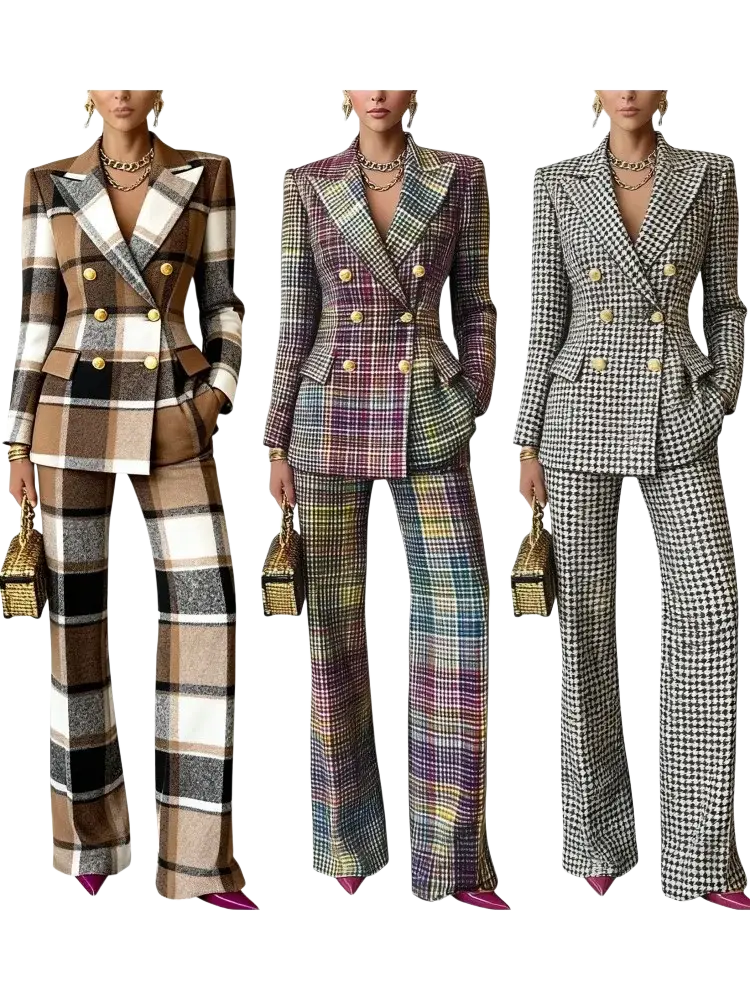 Women plaid double-breasted blazer and wide-leg trousers set in three colorways with synthetic fiber and button closure type