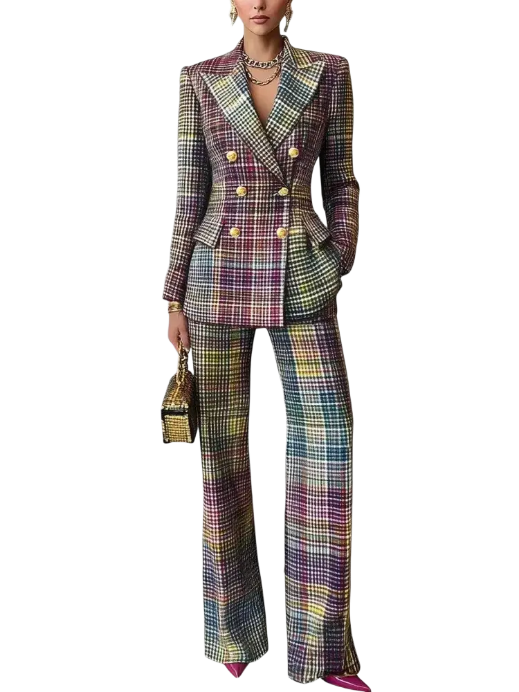 Women plaid blazer pants set in multicolored synthetic fiber with bold geometric pattern and gold button closure type