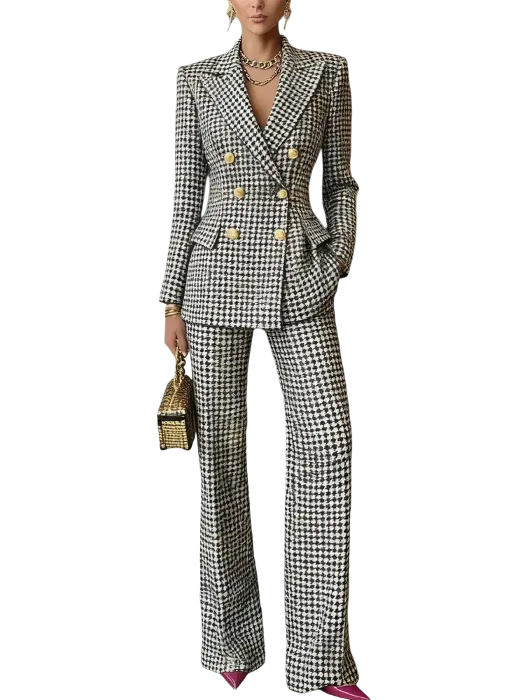 A stylish black and white houndstooth women plaid blazer with gold button closure made of synthetic fiber