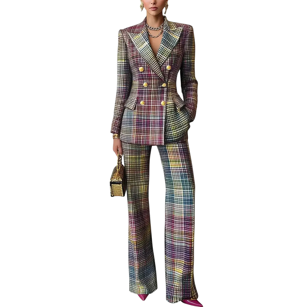 Women plaid double-breasted blazer and wide-leg trousers in vibrant multicolor with gold button closure synthetic fiber set