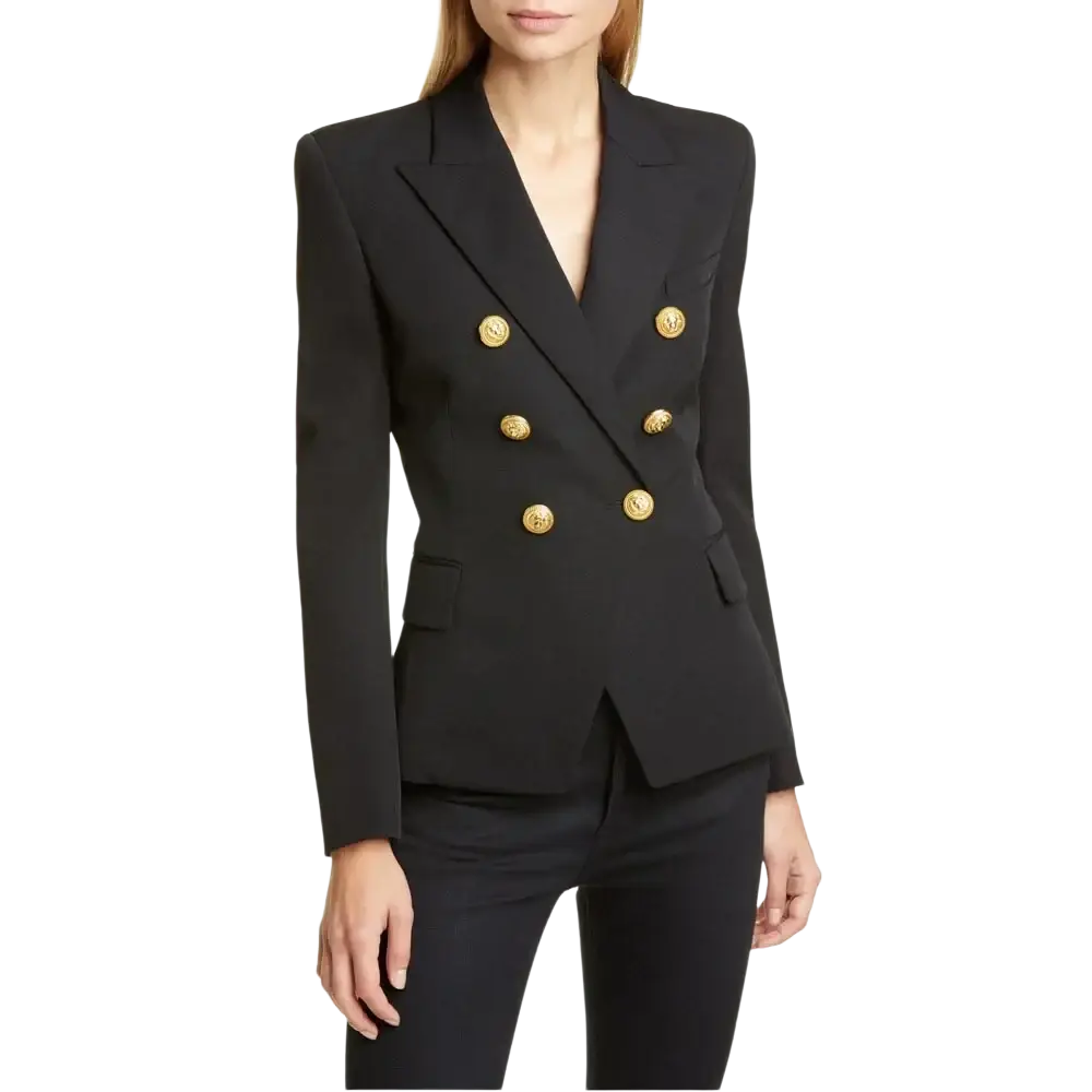 Women plaid double breasted blazer jacket in black with gold tone buttons featuring a classic tailored design