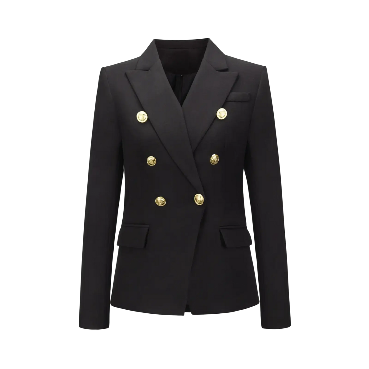 Women plaid double breasted blazer jacket in black with gold toned buttons and structured shoulders in wool blend