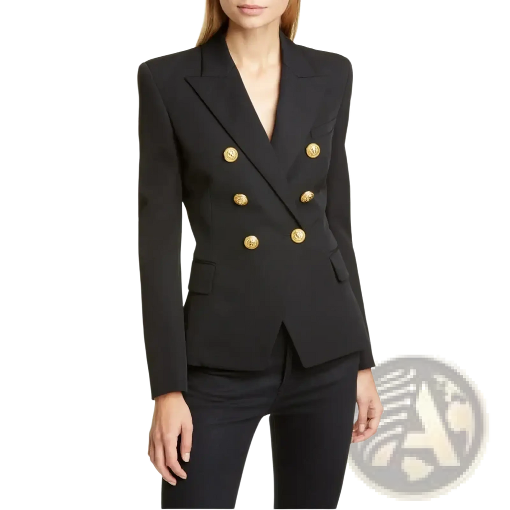Women plaid double breasted blazer jacket in black with gold tone buttons featuring a classic tailored design