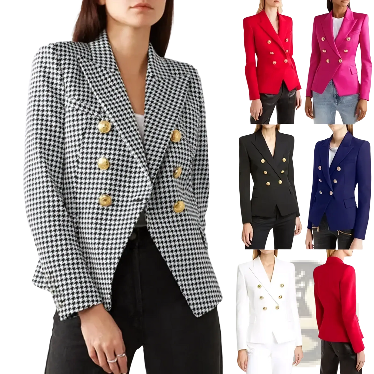 Women plaid double breasted blazer jacket in black and white houndstooth with gold tone buttons