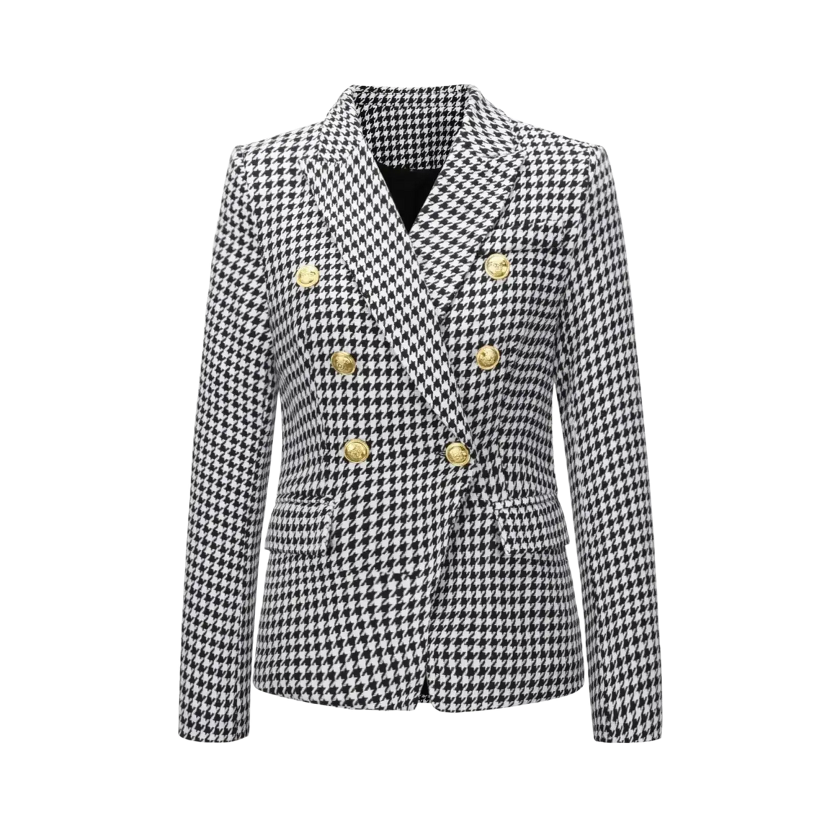 Women plaid double breasted blazer jacket in black and white houndstooth pattern with gold tone buttons