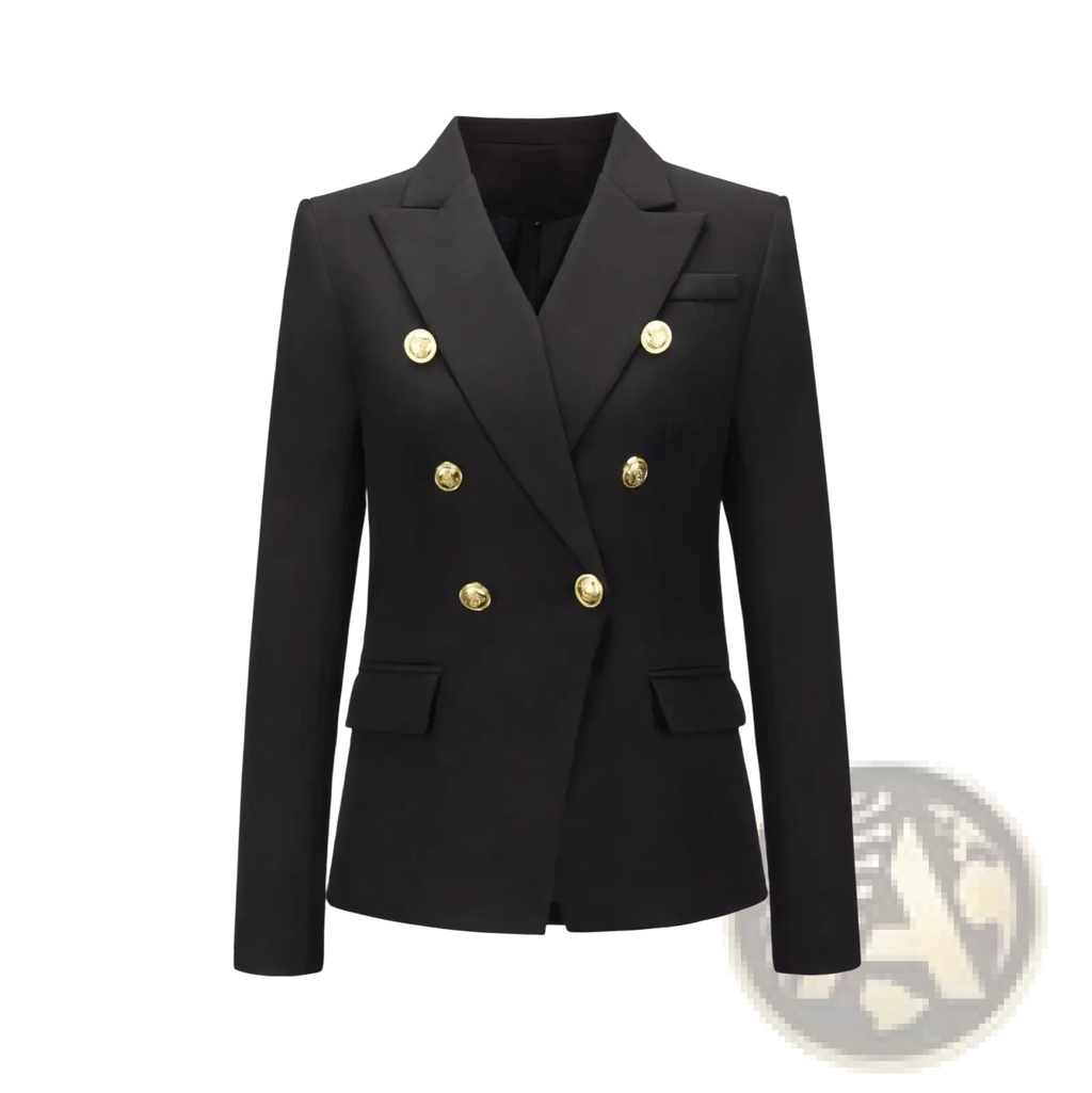Women plaid double breasted blazer jacket in black with gold toned buttons and structured shoulders in wool blend