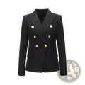 Women plaid double breasted blazer jacket in black with gold toned buttons and structured shoulders in wool blend