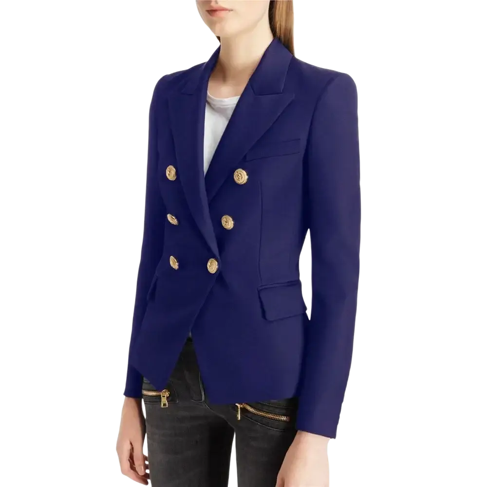 Women navy blue plaid double breasted blazer jacket with gold toned buttons in a polished tailored fabric