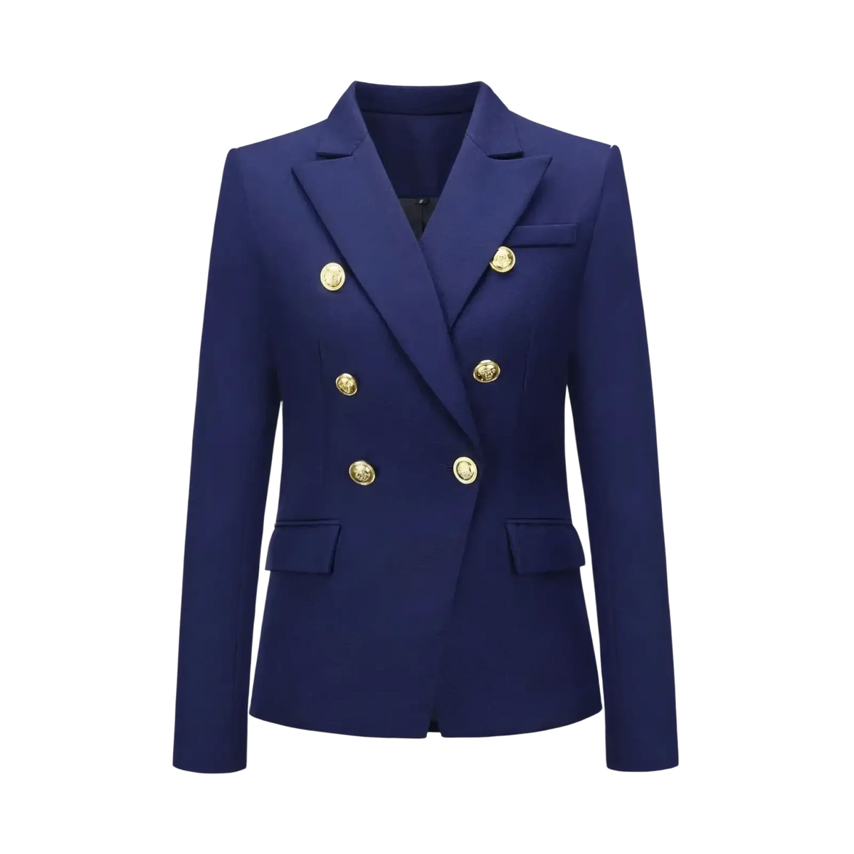 Women plaid double breasted blazer jacket navy blue with gold toned buttons and structured shoulders in cotton blend
