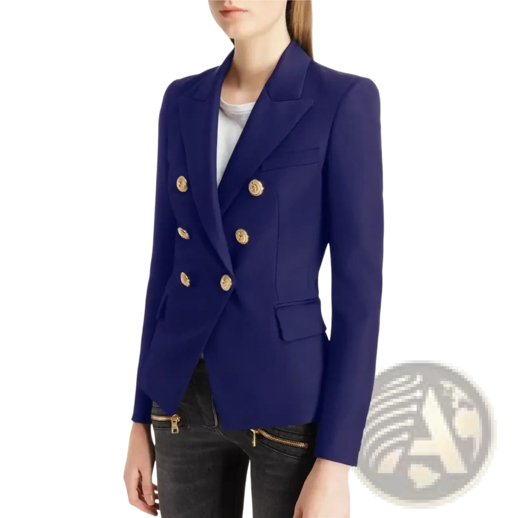 Women navy blue plaid double breasted blazer jacket with gold toned buttons in a polished tailored fabric