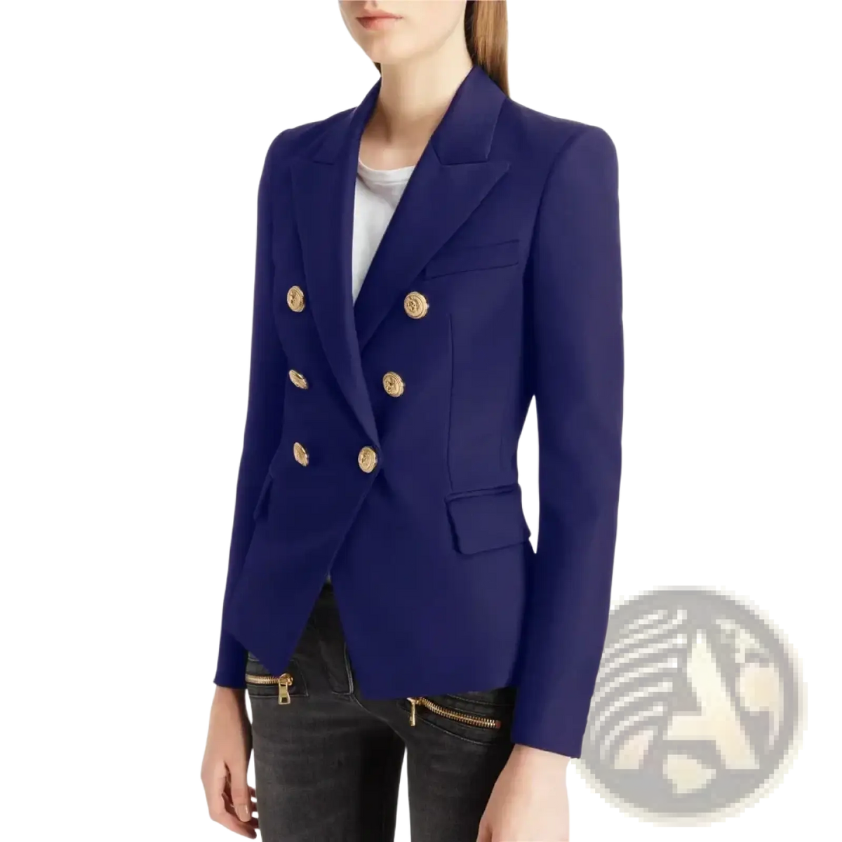 Women navy blue plaid double breasted blazer jacket with gold toned buttons in a polished tailored fabric