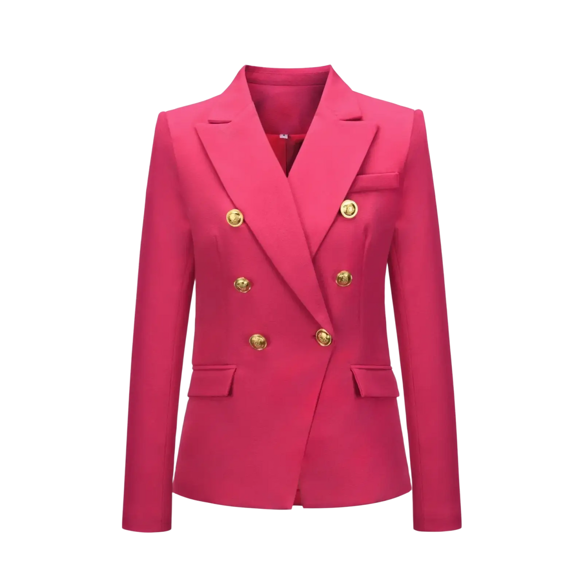 Women plaid double breasted blazer jacket in vibrant fuchsia with gold toned buttons and structured shoulders