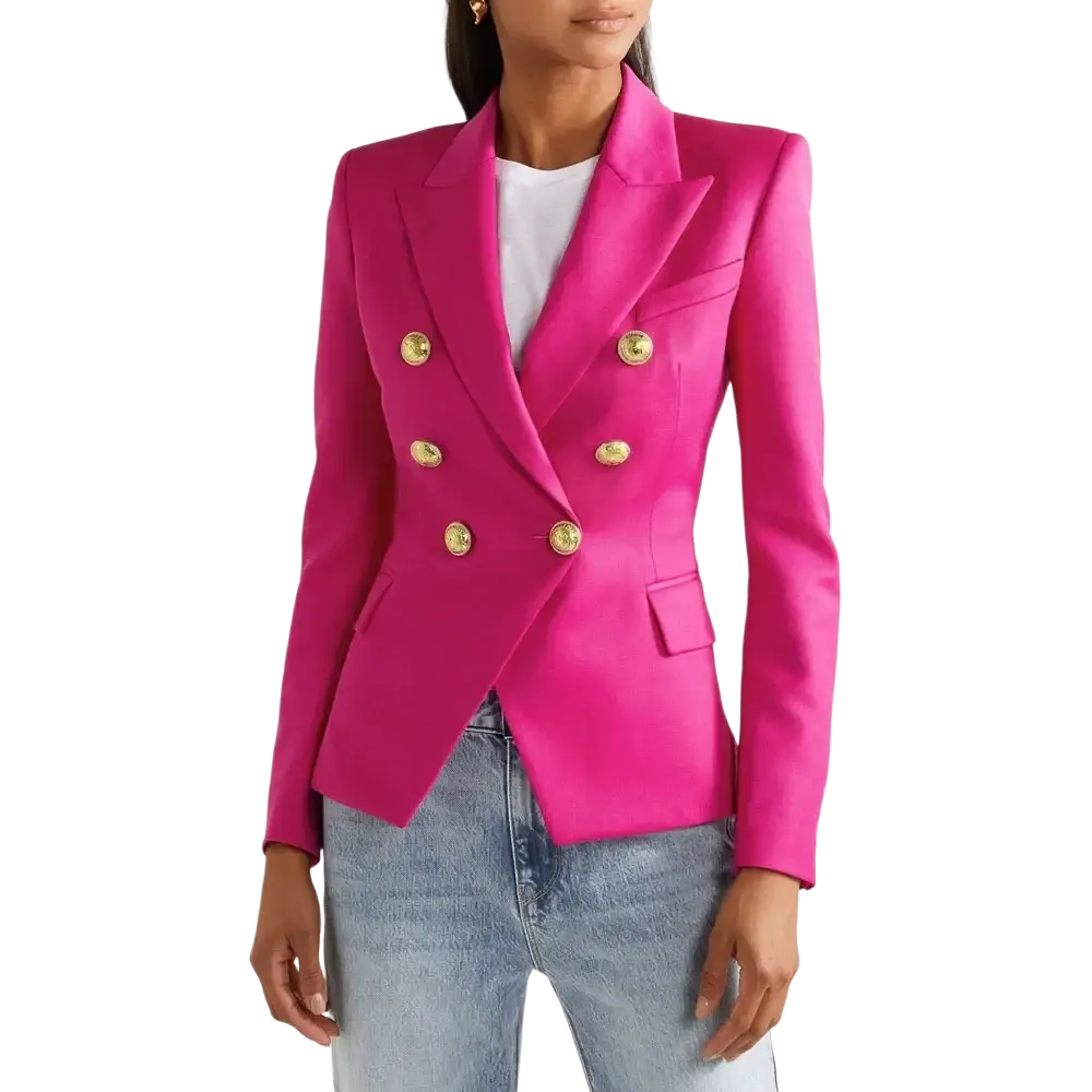 Women plaid double breasted blazer jacket in vibrant fuchsia satin with gold toned double breasted buttons