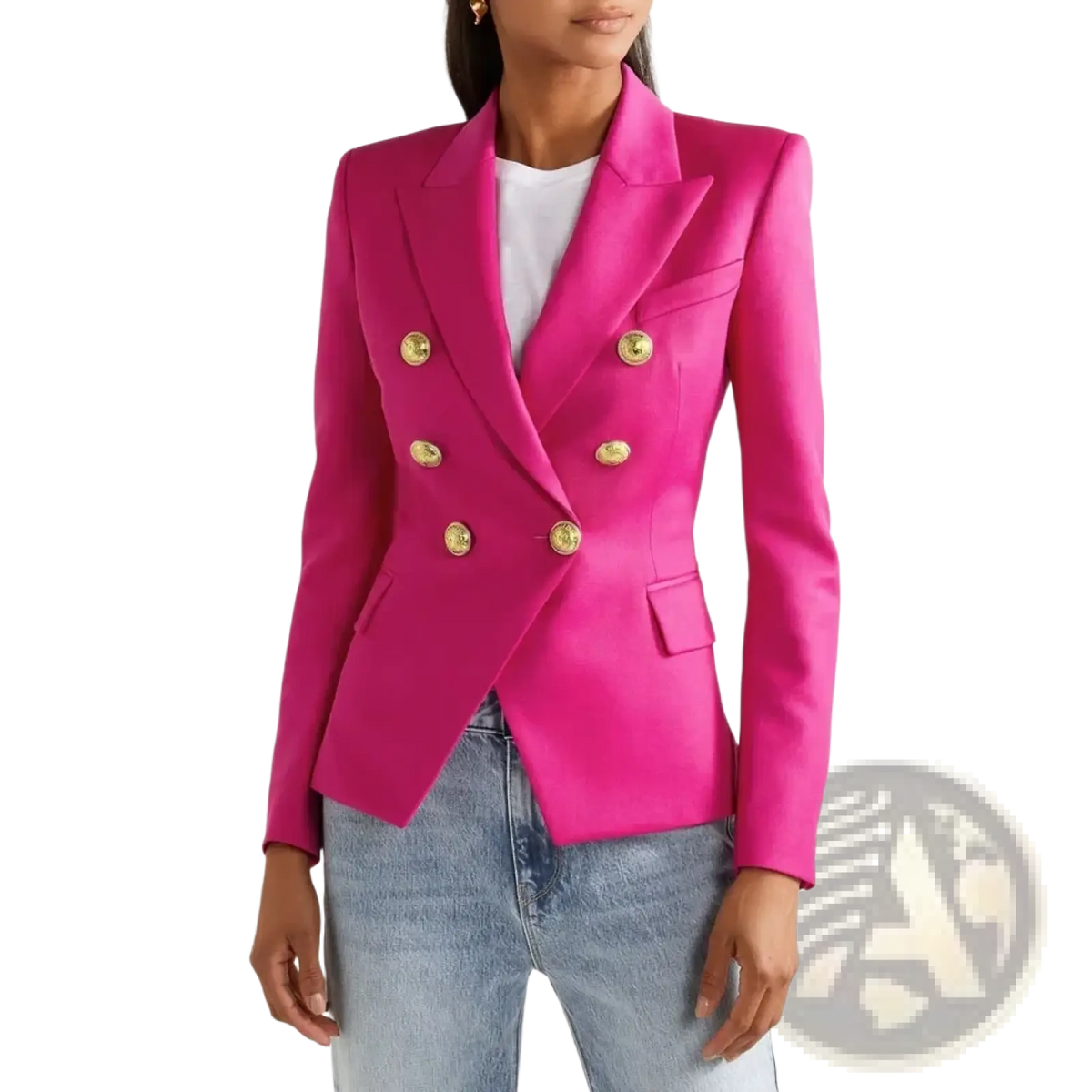 Women plaid double breasted blazer jacket in vibrant fuchsia satin with gold toned double breasted buttons