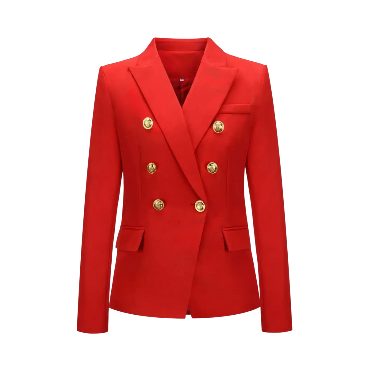 Women plaid double breasted blazer jacket in vibrant red with gold toned buttons and structured shoulders