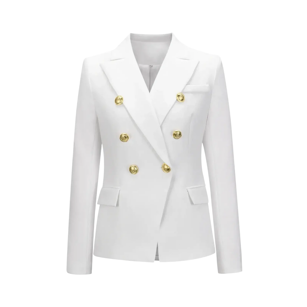 White double-breasted tailored blazer jacket with gold-toned buttons for women in a plaid design