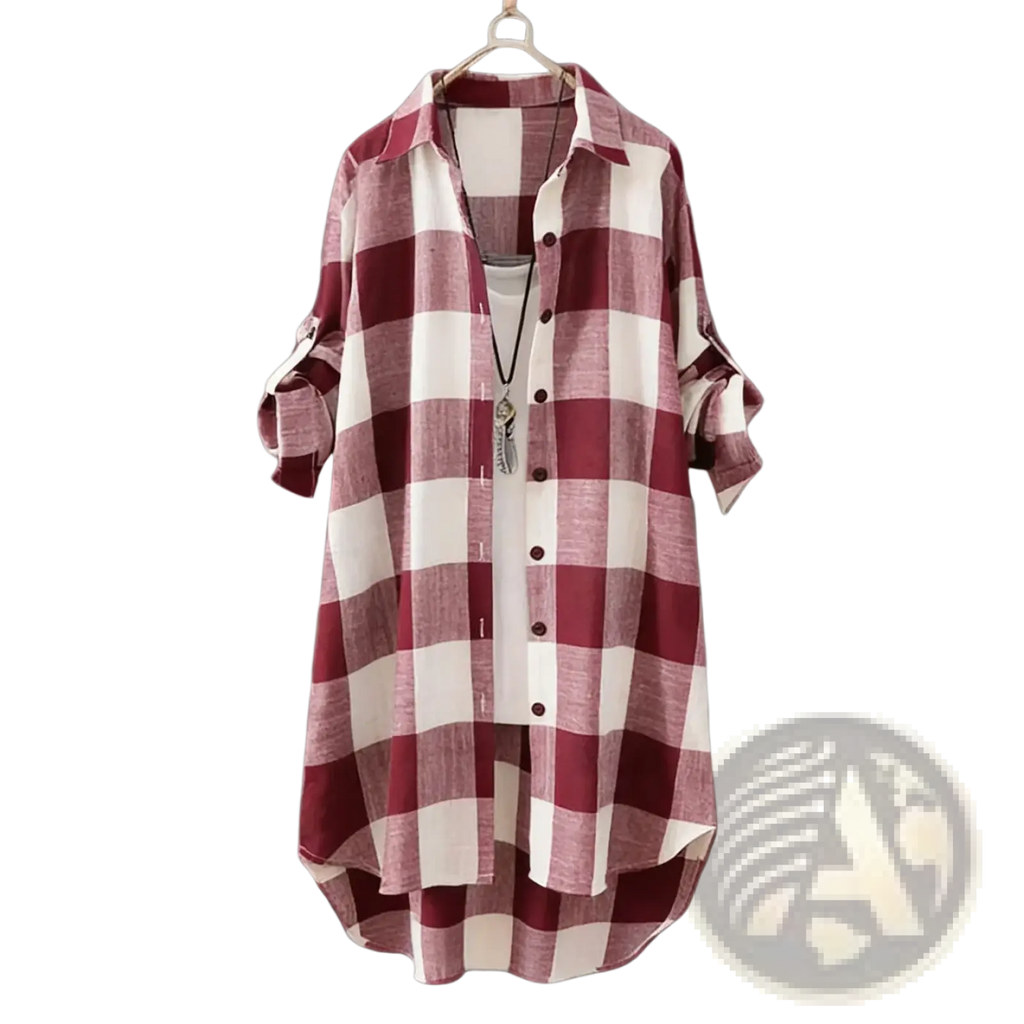 Women plaid linen cotton blouse long sleeve top in maroon and white checkered pattern with rolled cuffs on hanger