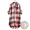 Women plaid linen cotton blouse long sleeve top in maroon and white checkered pattern with rolled cuffs on hanger