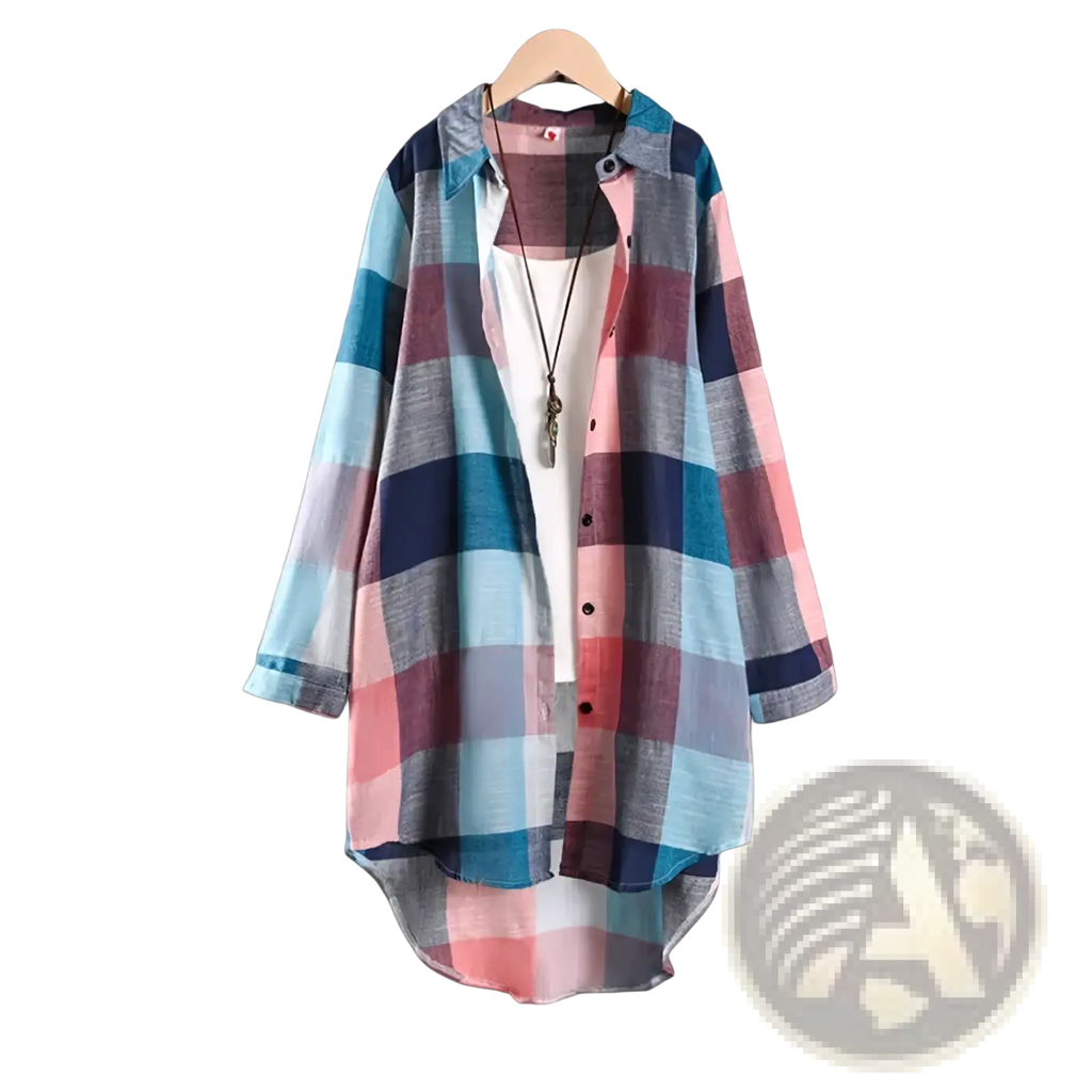 Women plaid linen cotton blouse long sleeve top in pastel pink light blue navy and gray tones on wooden hanger