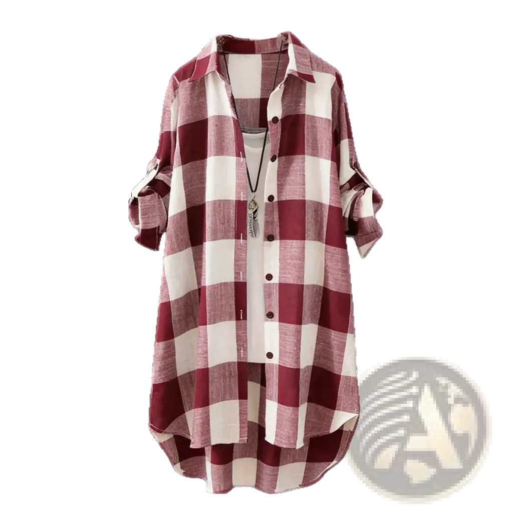 Women plaid linen cotton blouse long sleeve top in maroon and white with a loose fit and rolled-up sleeves