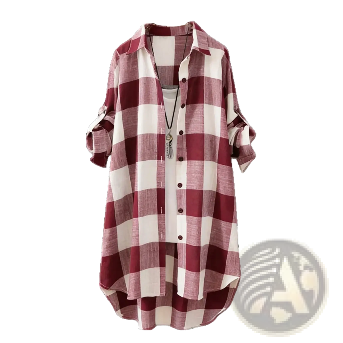 Women plaid linen cotton blouse long sleeve top in maroon and white with a loose fit and rolled-up sleeves