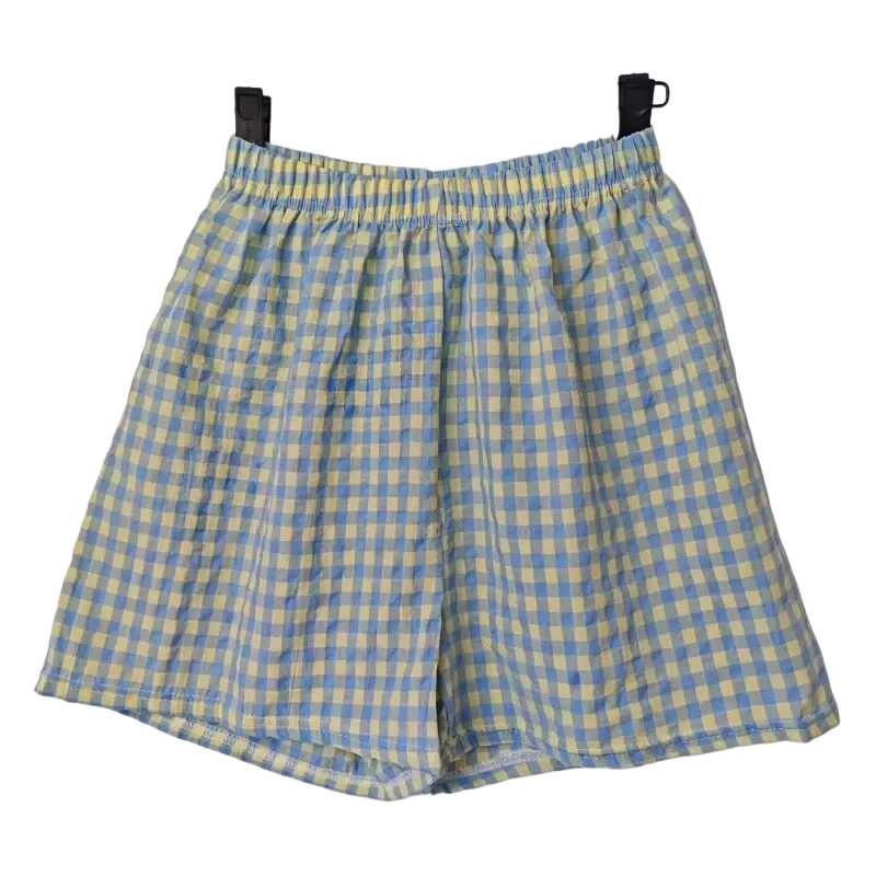 Women plaid loungewear shorts in light blue and yellow gingham with elastic waistband cotton blend fabric