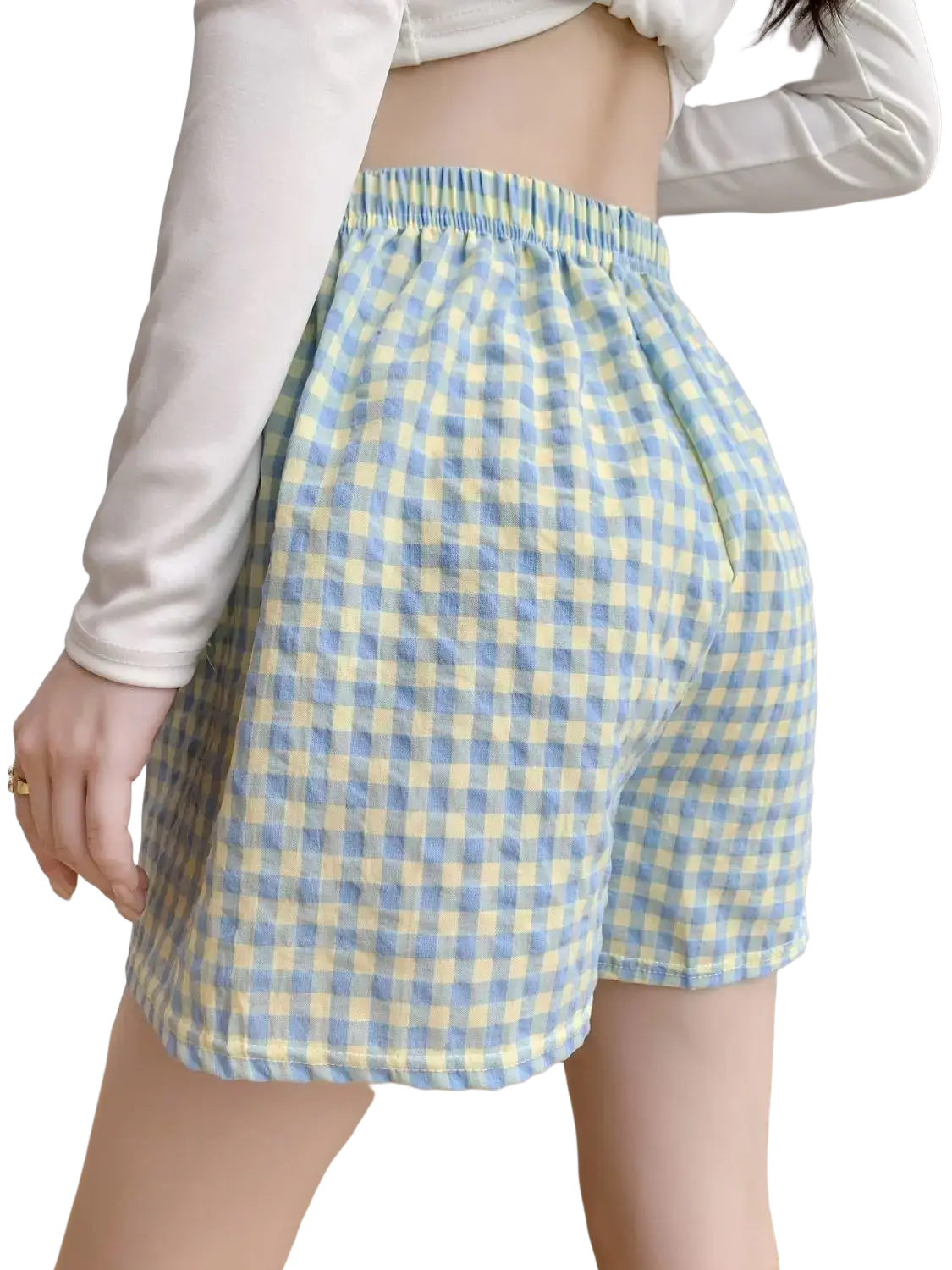 Women plaid loungewear shorts in light blue and yellow gingham cotton blend with elastic waistband