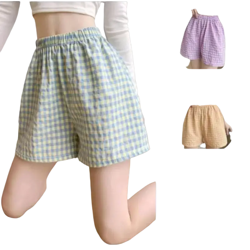 Light green and blue checkered cotton blend women plaid loungewear shorts with elastic waistband