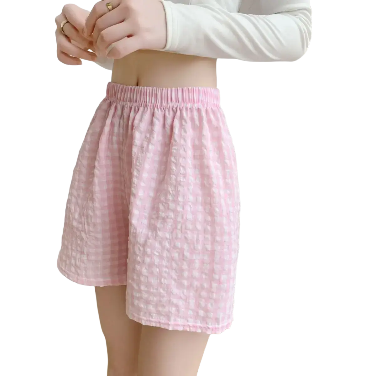 Women plaid loungewear shorts in pink textured cotton blend with elastic waistband for comfortable casual wear