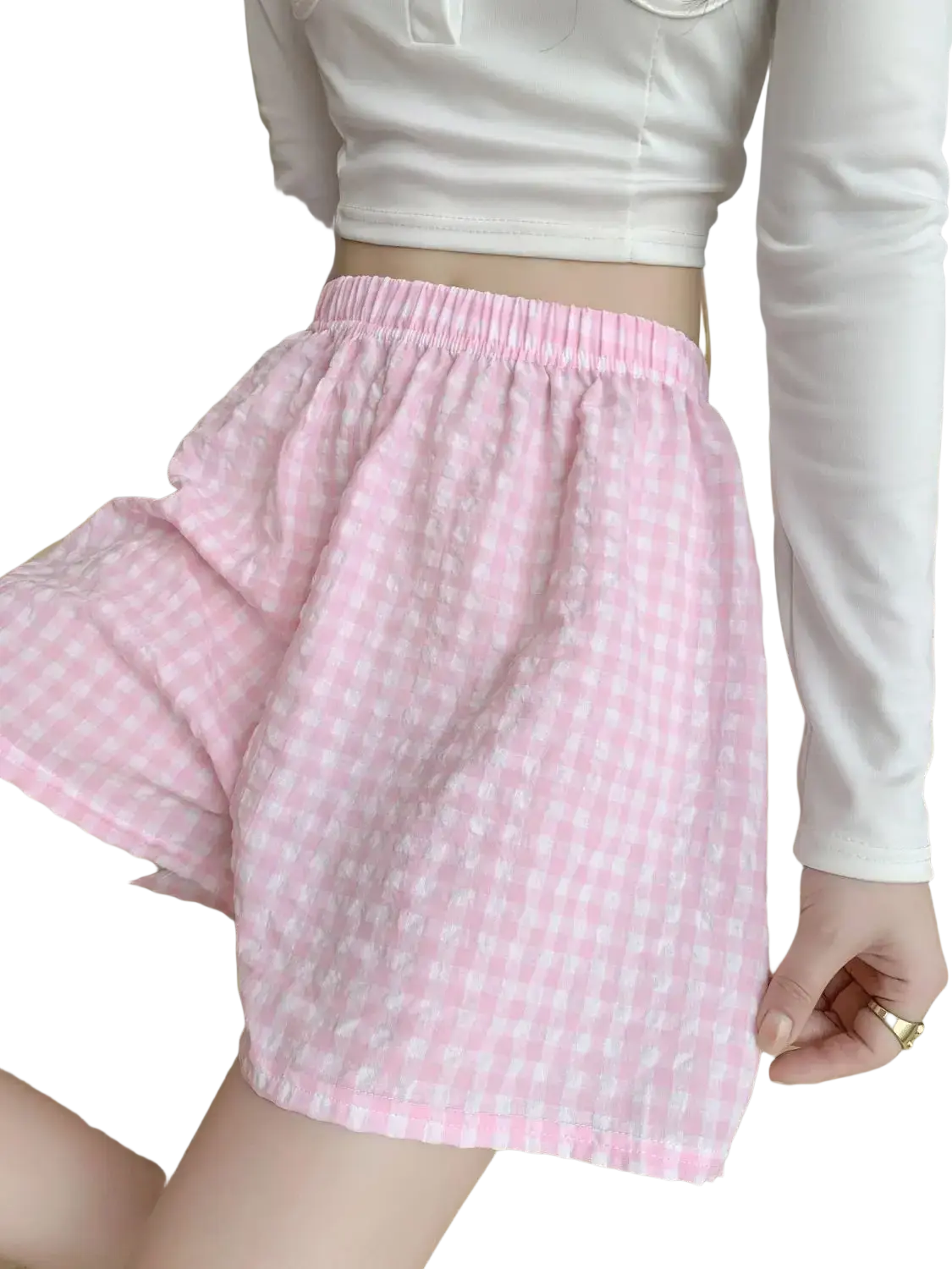 Women plaid loungewear shorts cotton blend featuring pink and white gingham check with an elastic waistband