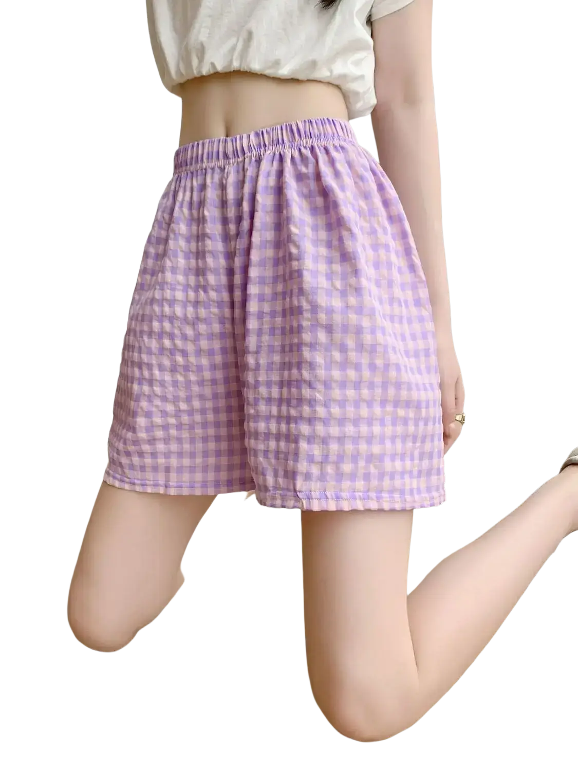 Women plaid loungewear shorts in purple and white checkered cotton blend with an elastic waistband