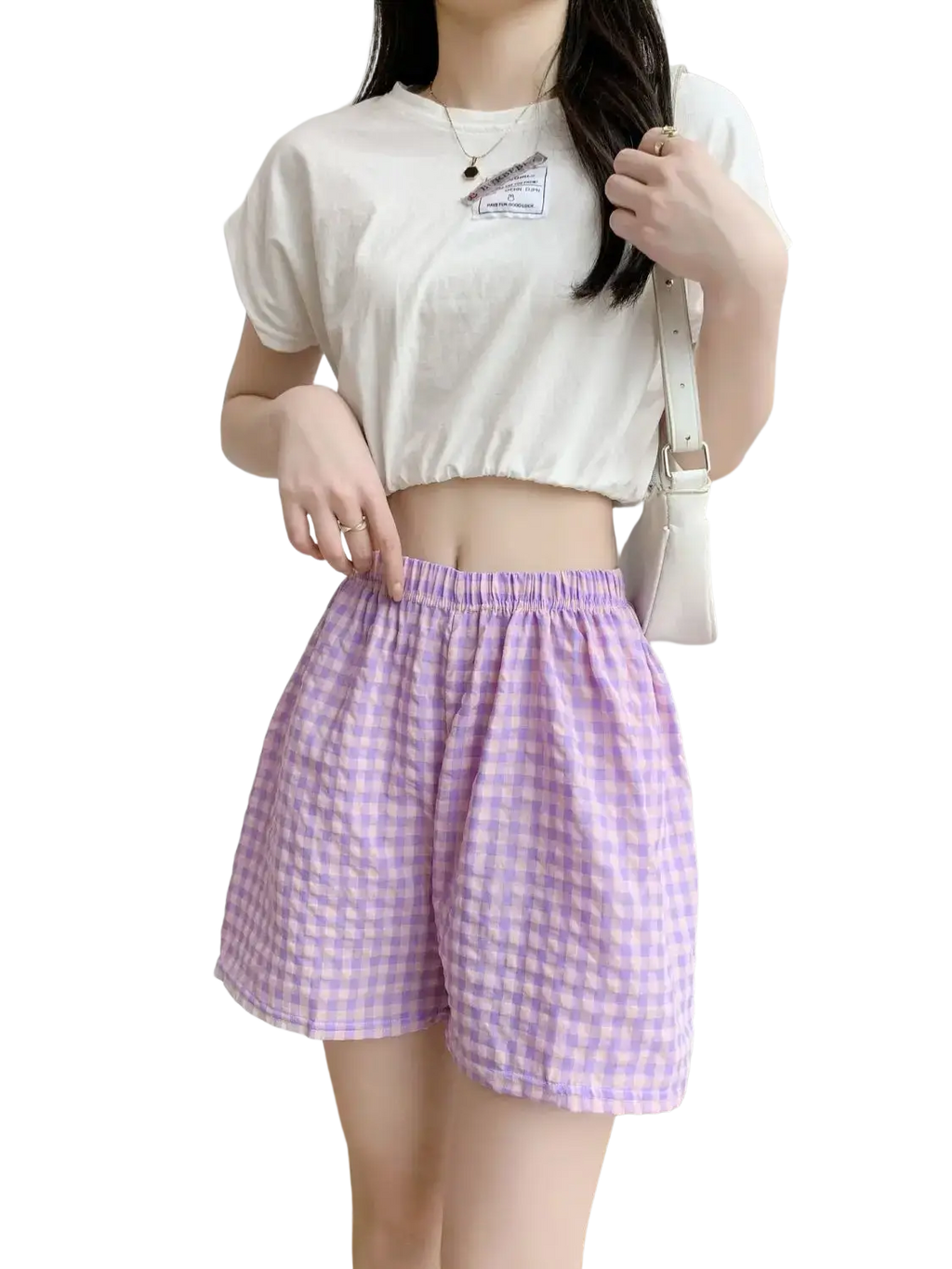 Purple and white gingham plaid loungewear shorts with elastic waistband made of cotton blend for women