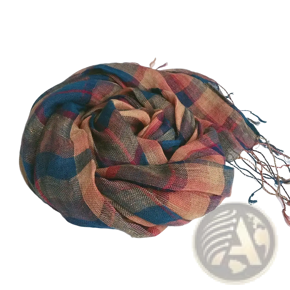 Women plaid scarf long lightweight knit shawl wrap in earthy rust teal and beige with fringed edges handcrafted design