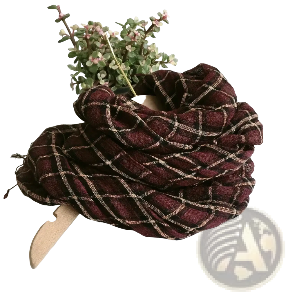 A cozy maroon and cream plaid long lightweight knit shawl wrap scarf with a soft woven texture for women