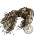 Women plaid scarf long lightweight knit shawl wrap in muted olive green and dusty rose with frayed edges