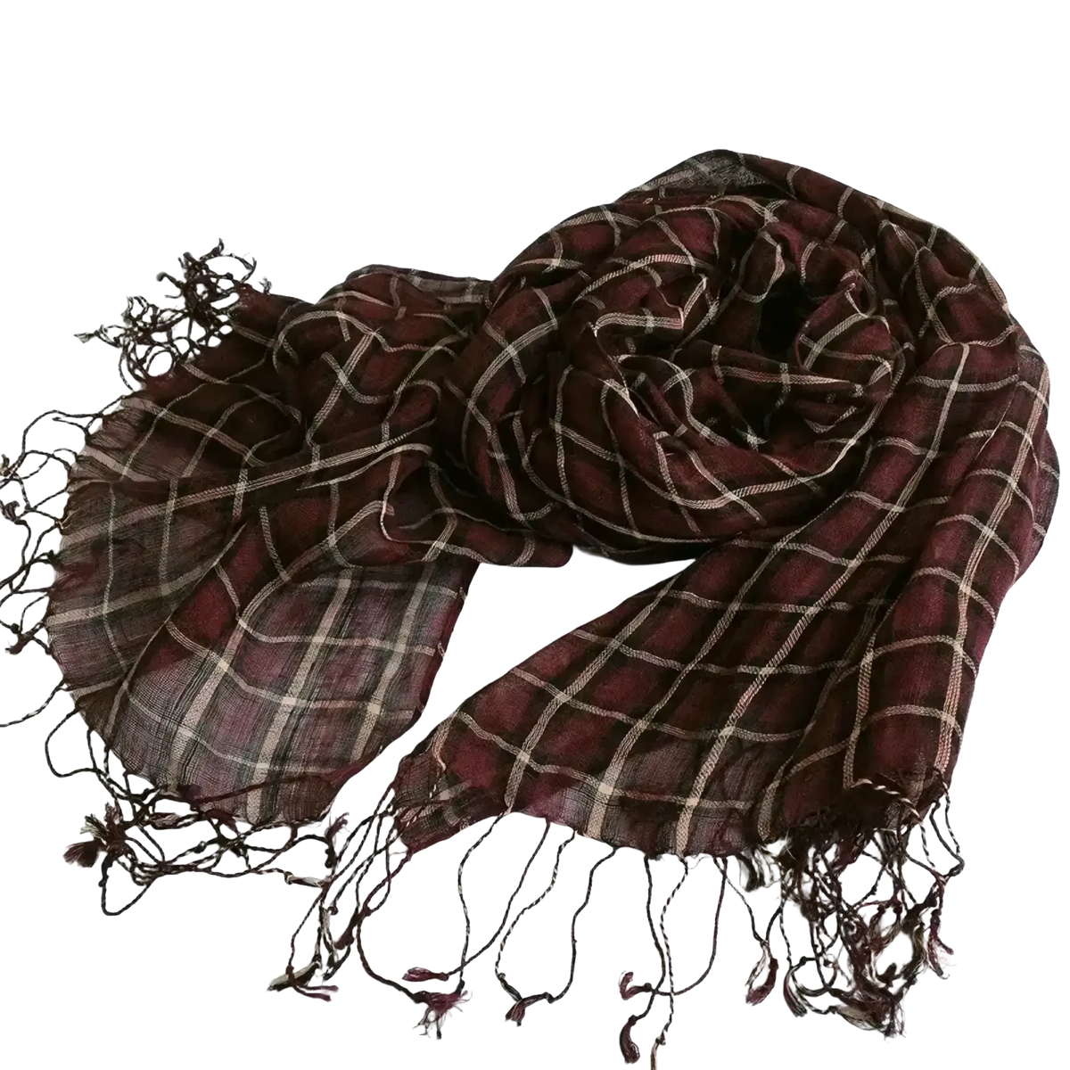 Women plaid scarf long lightweight knit shawl wrap in maroon and cream with fringed edges