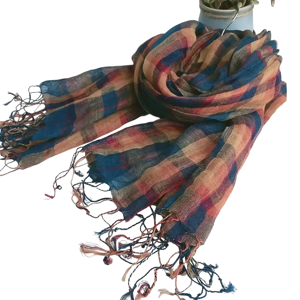 Women plaid scarf long lightweight knit with vibrant blue orange red plaid pattern and fringed edges