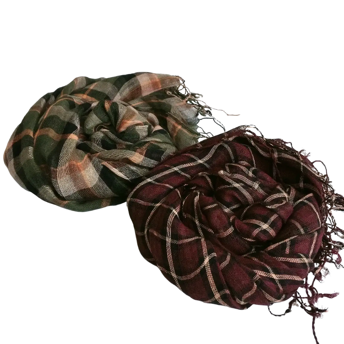 Two women plaid scarves long lightweight knit shawl wrap in olive rust and deep burgundy cream with frayed edges