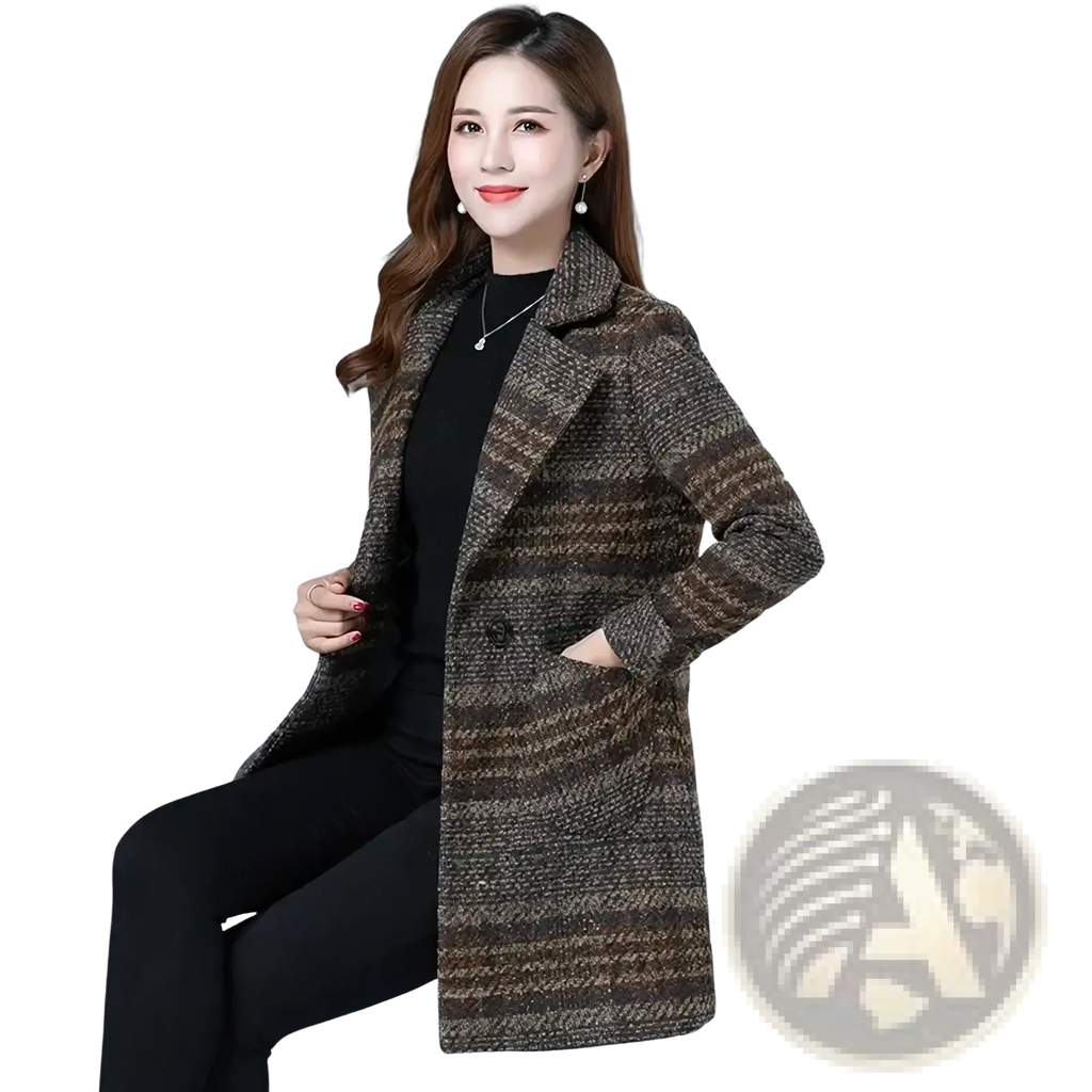 Women plaid wool coat winter jacket in brown and beige with a notched collar and warm wool material