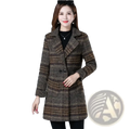 A stylish brown and beige plaid wool women plaid wool coat with a classic double-breasted design for winter