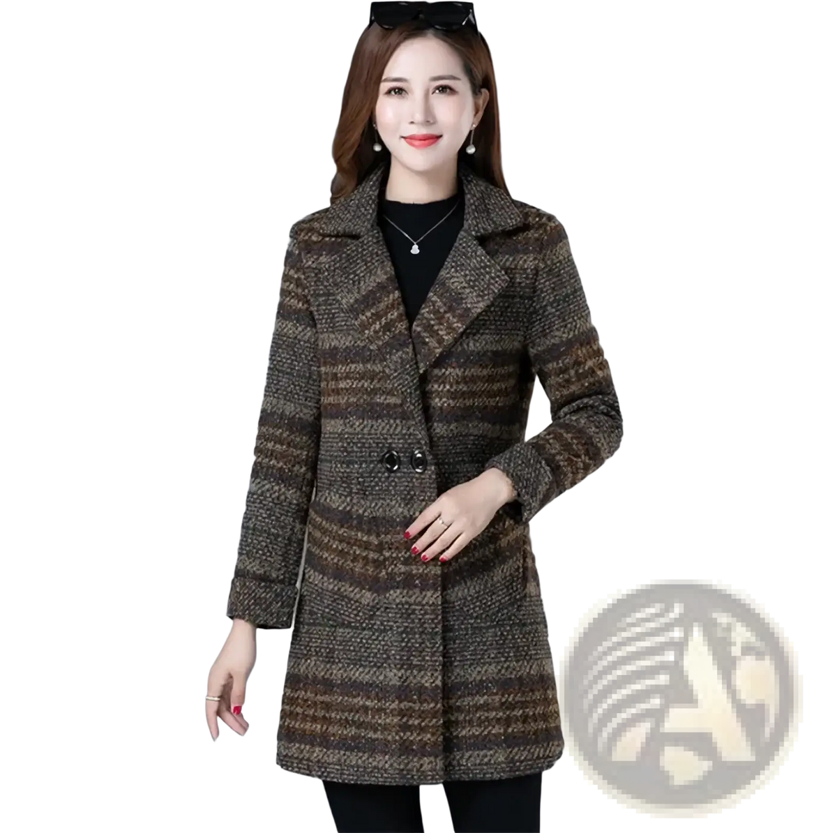 A stylish brown and beige plaid wool women plaid wool coat with a classic double-breasted design for winter