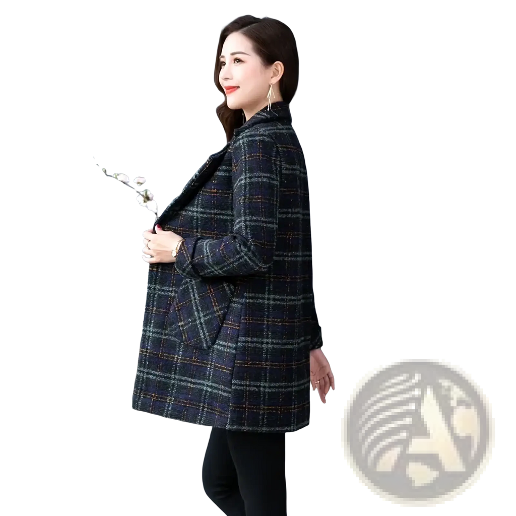 Women plaid wool coat winter jacket in dark blue and gray with subtle shimmering threads for cold weather wear